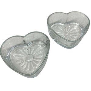 Heart Shaped Clear Glass Bowls Set 2 With Floral Design Decorative Serving Dish